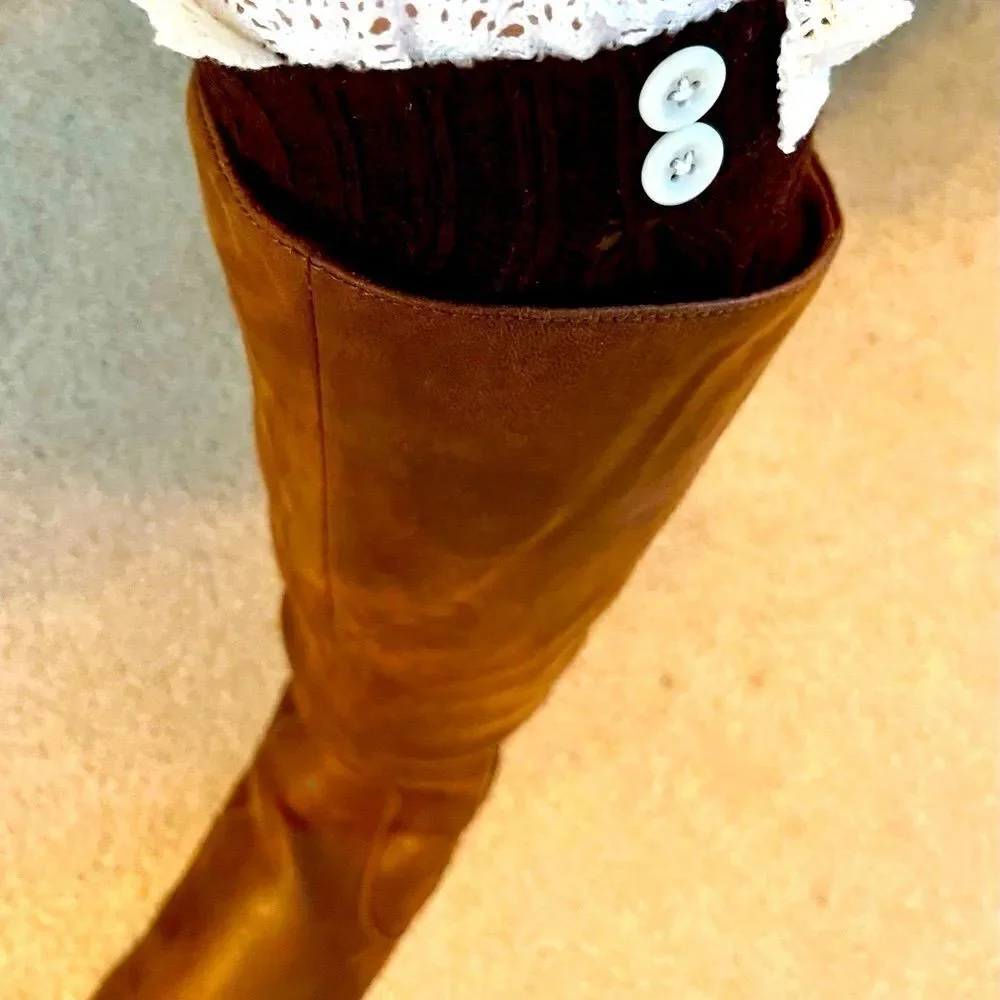 Boot Socks Brown and Cream Cozy Soft & Warm with Ruffle & Button Detail